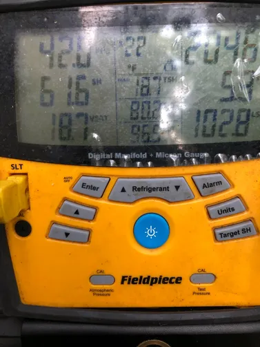 photo at Georgetown, TX on Jun 12, 2023: Service 1 system-Gas
19 year old 3 ton Rheem R-22 system is low on refrigerant, found leak at the e photo at Georgetown, TX on Jun 12, 2023: Service 1 system-Gas
19 year old 3 ton Rheem R-22 system is low on refrigerant, found leak at the e