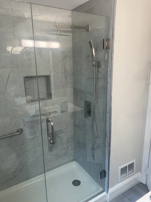 2 Panel Frameless Glass Shower Enclosure with Brushed Nickel Hinges, Clips, and Handle