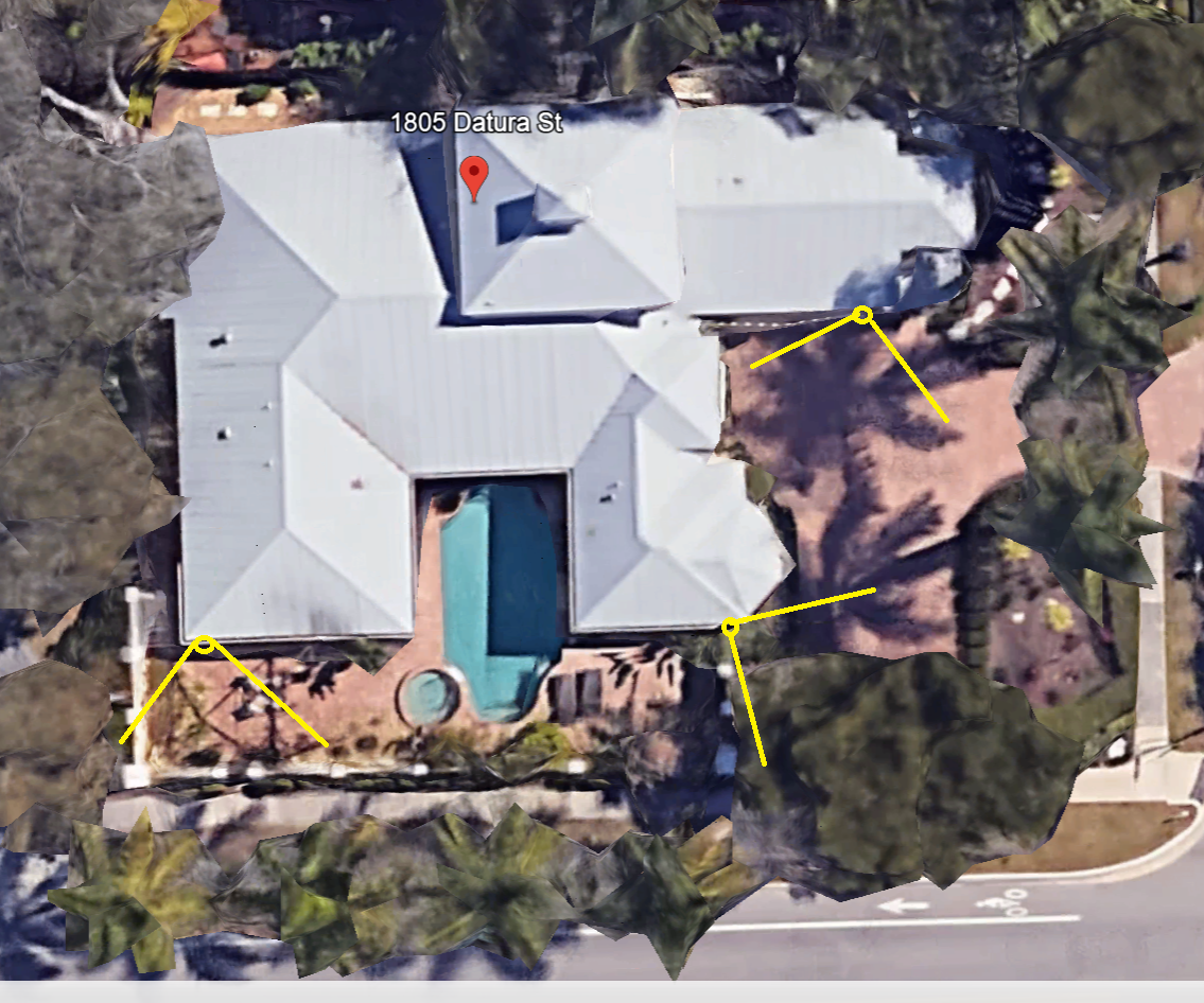Overhead view of a Sarasota property marked with planned camera locations
