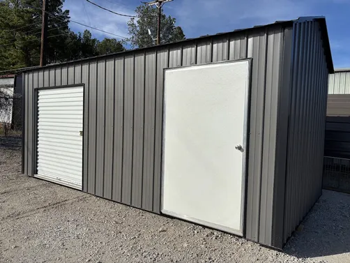 photo at Magnolia, AR on Dec 31, 2025: 10x20 gable storage building in charcoal with black trimIncludes- welded steel frame, solid 3/4
