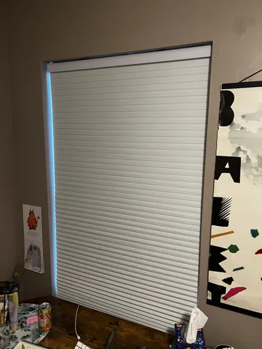 photo at Saint Louis, MO on Jun 06, 2025: To enhance the space, we installed a wood stained English walnut everwood simple lift blind in the 