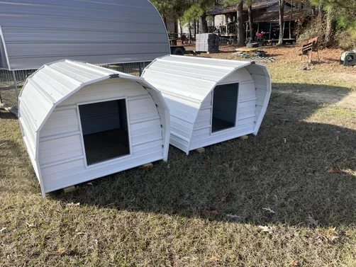 photo at Taylor, AR on Jan 07, 2026: 10x12 chicken coop in pewter gray-wheels, loft, nesting box2- 4x4 dog house in white-open front, s