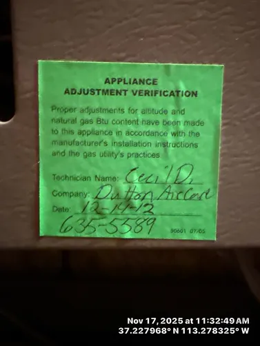 photo at Toquerville, UT on Nov 17, 2025: An issue with the upstairs furnace resulted in no heat being distributed. We assessed the situation