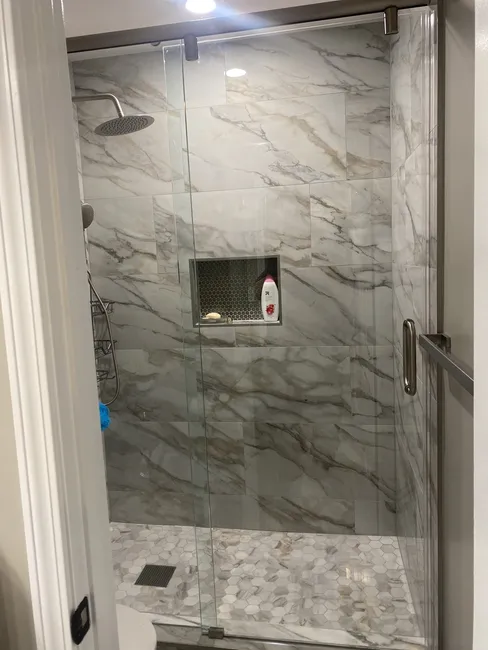 2 Panel Frameless Sliding Glass Shower Enclosure with Brushed Nickel Slider, Clips, and Handles
