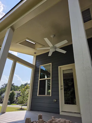 Trim Sunroom. Install WR GFCI receptacle w/ Bubble cover and install fan for sunroom.