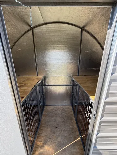 photo at Diana, TX on Jan 13, 2026: 8x10 2 bay dog kennel in taupe with black trimKennel includes: welded steel frame, treated decking