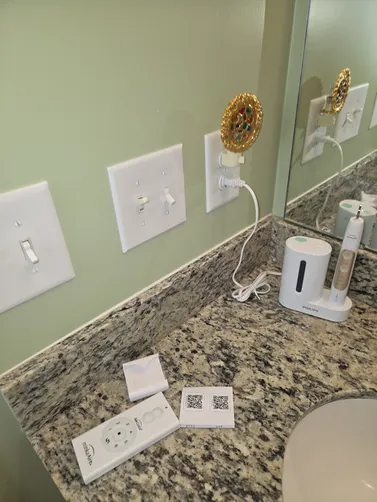 Replace ceiling fan in Master Bath. Replace single-pole switch.