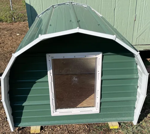 photo at Longview, TX on Dec 17, 2025: 4x4 dog house- solid floor, insulation, vinyl flap, awning, welded frame, solid metal siding, treat