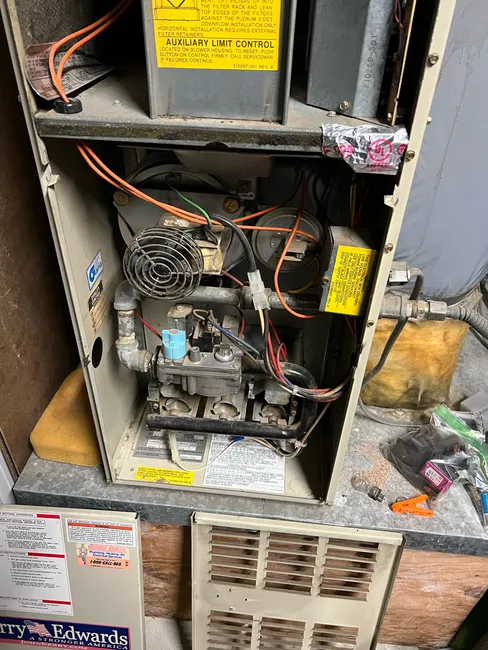 Called for a furnace repair. The furnace would not start. Found major burn scar on board.
