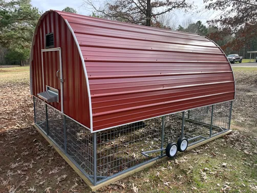 photo at Longview, TX on Jan 01, 2026: 10x12 chicken coop in rustic redwheels, loft, nesting box, ramps, roosting bars
