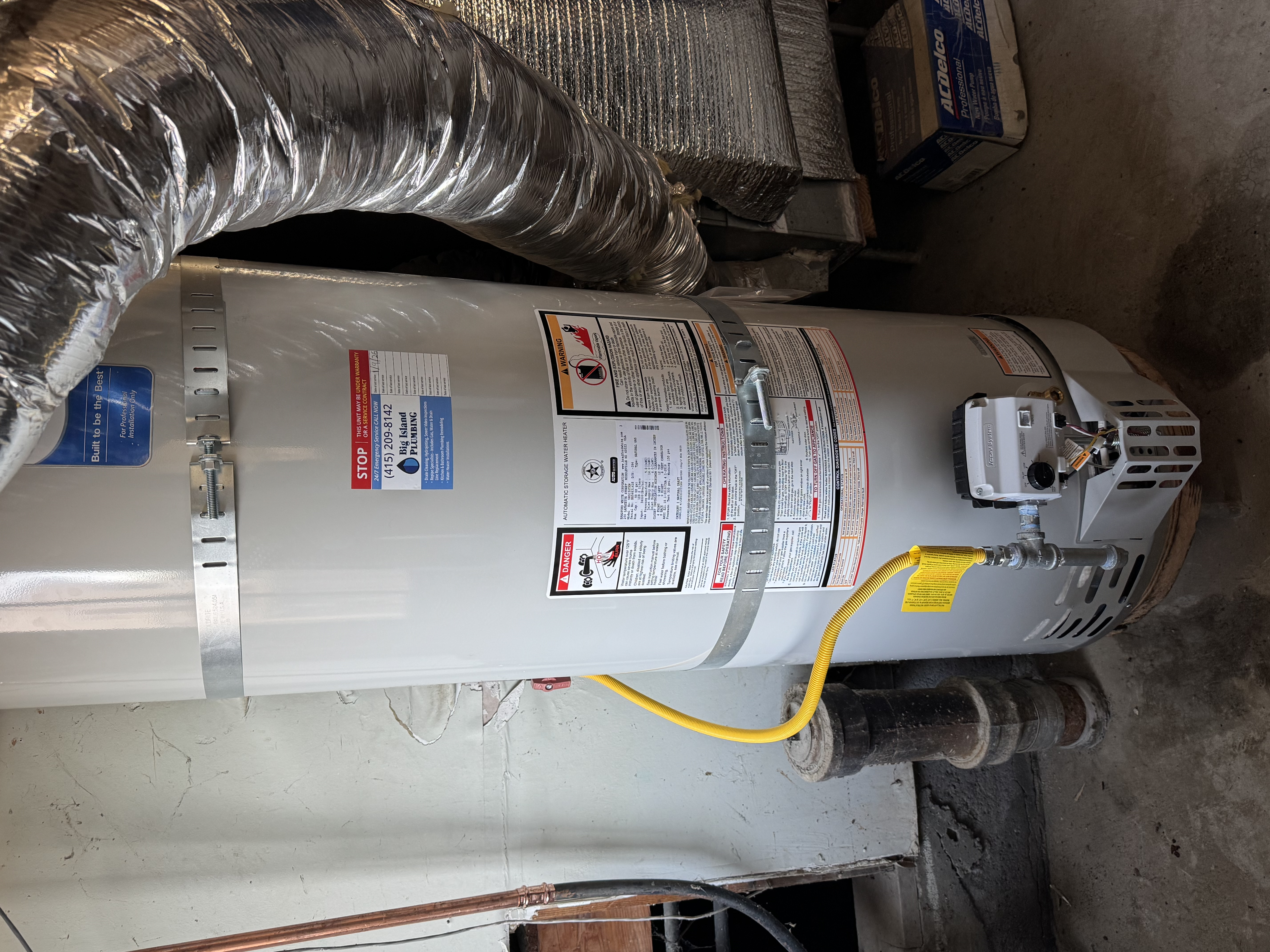 Replacement gas water heater with new shutoff valves and expansion tank in Marin County