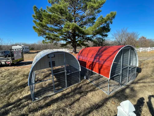 photo at Coleman, OK on Dec 30, 2025: 2 - 8x10 chicken coops in Lightstone and rustic red-welded steel frame, roll away nesting box, roo