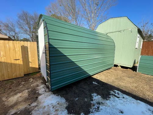 photo at Longview, TX on Jan 30, 2026: 8x14 Storage building with solid floor, 4' wide swing door, 2x3 sliding glass window in back wallH
