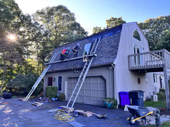 Install landmark pro Weatherwood shingles architectural design Gabrielle style roof
Replace two skylights FX mo8