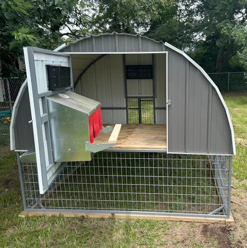 photo at Kilgore, TX on Jan 19, 2026: 8x10 coop with solid loft area-wheels-nesting box-roosting barsPewter Gray++SOLID WELDED STEEL FR