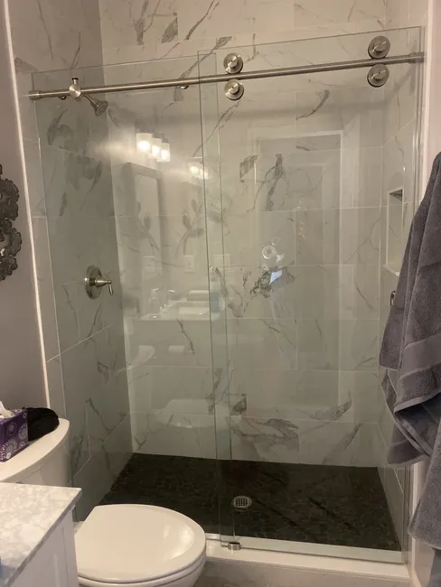 2 Panel Frameless Sliding Glass Shower Enclosure with Brushed Nickel Slider and Handle - Perfect layout when you have small space between toilet or cabinets!