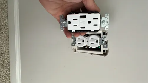 We were called out to replace two switched receptacles in the master bedroom with two non switched customer supplied receptacles with USB charge ports. We installed a new receptacle in the master closet by jumping off a receptacle in the bedroom.
