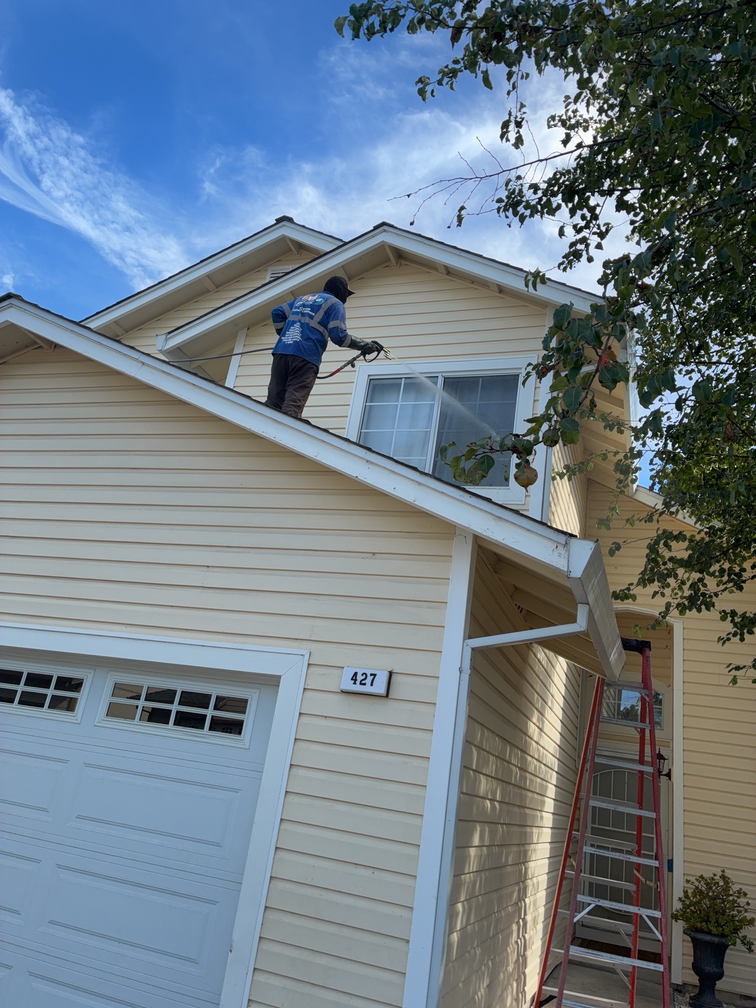 Soft washing the exterior of a home in American Canyon, CA