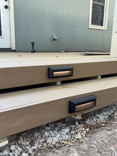- Installed new 12V stair lights ⚡️⚡️⚡️ We ran 14-2 UF wire from an interior 2-gang switch box to feed two new switch controlled WR outlets underneath the new deck one for the stair lights & one for the new strip lights.
