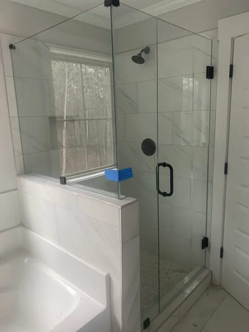 3 Panel Frameless Glass Shower Enclosure with Matte Black Hinges, Clips, and Handle