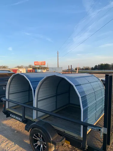 photo at Palestine, TX on Jan 30, 2026: Ct picked up from Canton, TX- 2 open front 4x5.5 shelters- Gallery Blue with white trimwelded stee