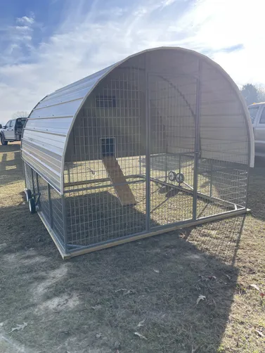 photo at Taylor, AR on Jan 07, 2026: 10x12 chicken coop in pewter gray-wheels, loft, nesting box2- 4x4 dog house in white-open front, s